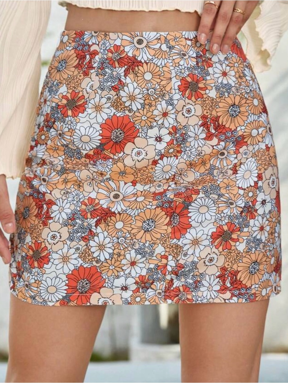 SHEIN Floral Mini Skirt in Orange, Cream & White